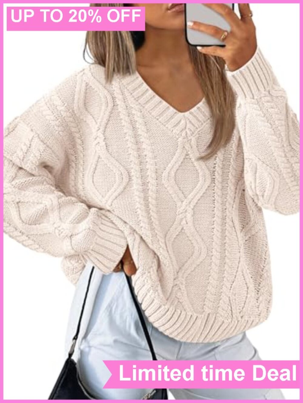 Cable Knit V-Neck Oversized Pullover Sweater Cotton Blend Cozy Fall Winter